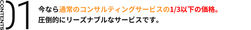 CONTENTS01 今なら通常のコンサルティングサービスの1/3以下の価格。圧倒的にリーズナブルなサービスです。