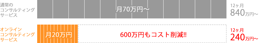 通常のコンサルティングサービス 月額70万円~ 12ヶ月840万円~ オンラインコンサルティングサービス 月額20万円 600万円もコスト削減!! 12ヶ月240万円~