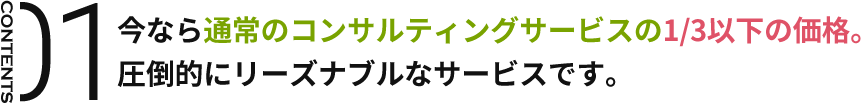 CONTENTS01 今なら通常のコンサルティングサービスの1/3以下の価格。圧倒的にリーズナブルなサービスです。